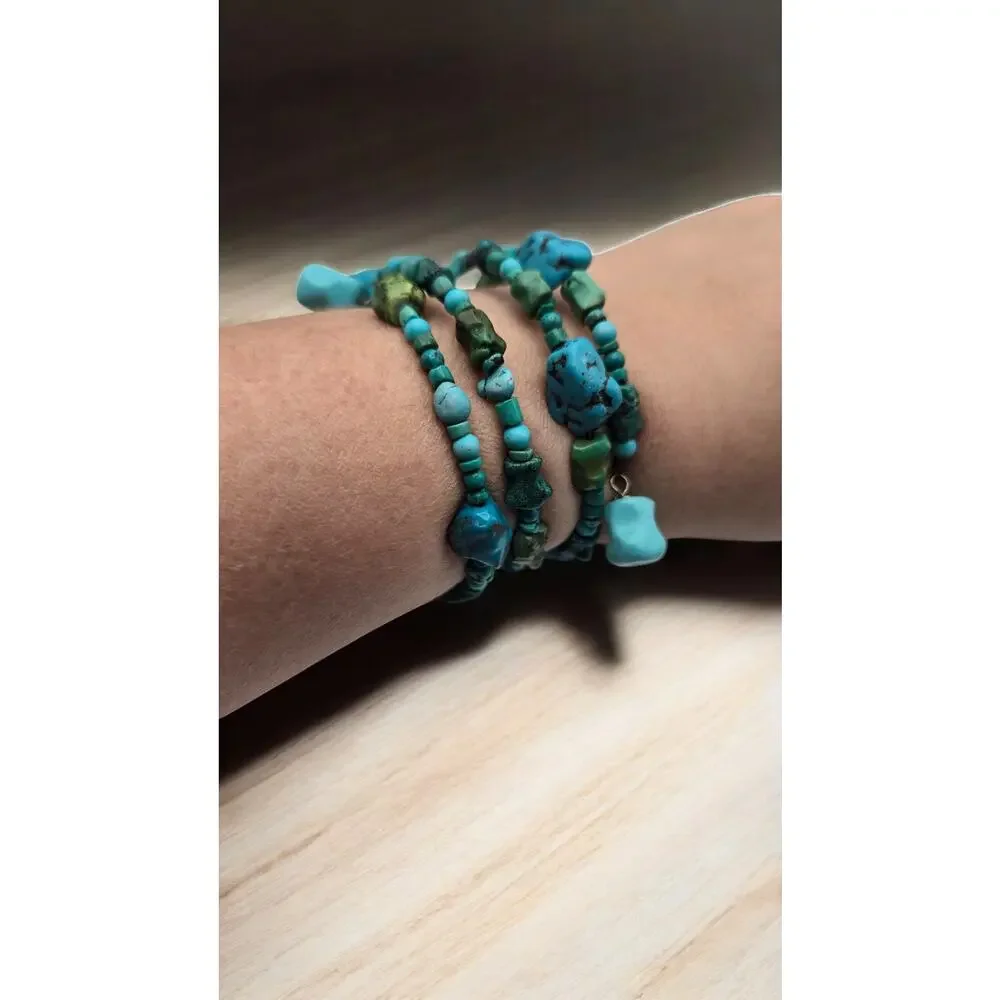 Turquoise Beaded Wrap Bracelet Boho Memory Wire Layered Southwestern